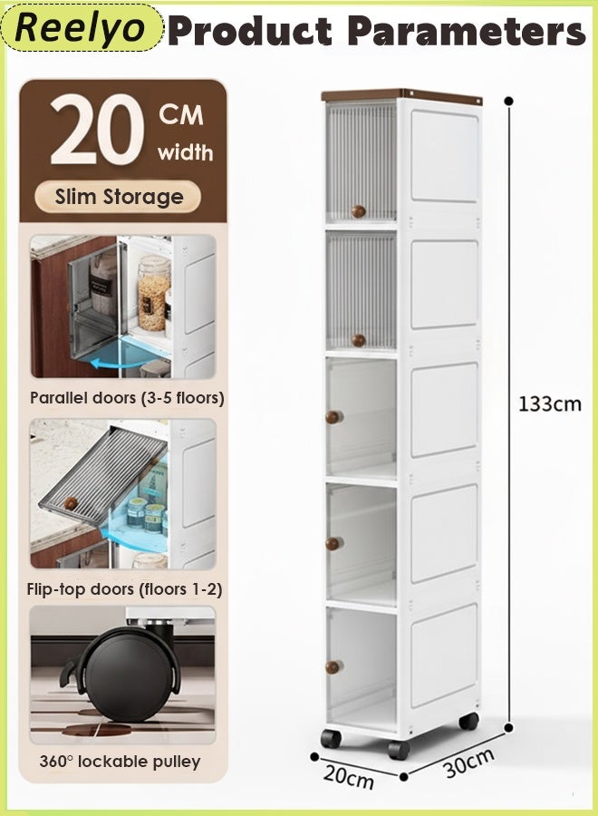 5-Tiers Slim Bathroom Storage Cabinet, Plastic Storage Cabinet with Wheels, Folding Storage Bins with Doors, 5 Tier Stackable Organizer, Plastic Waterproof Bathroom Organizer for Small Spaces, Stackable Cabinet Storage Containers,Kitchen, Laundry, Living Room,Dust-Proof and Moisture-Proof,Clothing,Shoes, Hats and Bags Storage Cabinet, Cosmetic Storage Box,Coffee, Milk, Drinks, Snacks Storage boxStrong Load-Bearing - Image 1