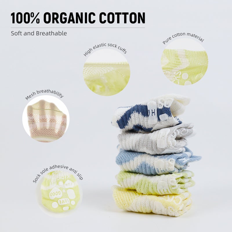 HANNEA® 5 Pairs Baby Ankle Socks, Low Cut Anti-Skid Floor Socks for Toddlers, Breathable Mesh Cotton Socks for 0-1 Years Baby Boys and Girls - Image 2
