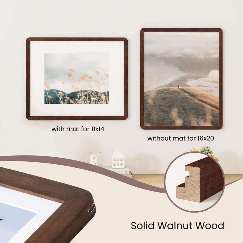 FLYJOE 16 x 20 Picture Frame - Solid Walnut Wood 16''x20'' Poster Frame, 16 x 20 Picture Frame With Mat For 11x14, Tempered Glass and Hanging Hardware Included, 20 x 16 Frame Wood, Natural Walnut - Image 4