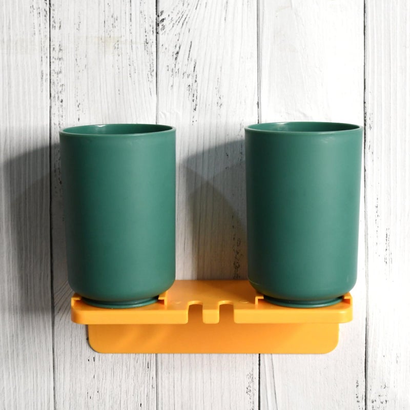 Sangpri Sangpri Multipurpose Self-Adhesive Wall Mount Toothbrush Holder Plastic Stand with 2 Cup for Toothpaste, Toothbrush, Comb, Brush, Cream, and Lotion (1 Set) - Image 1