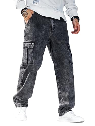 WDIRARA Men's Slim Fit Cargo Jeans Straight Leg Streetwear Denim Work Pants with Flap Pockets Dark Grey S - Image 1