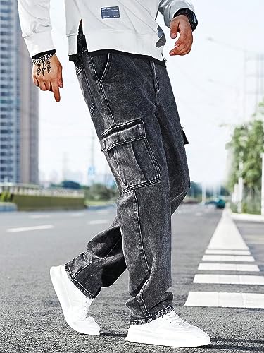 WDIRARA Men's Slim Fit Cargo Jeans Straight Leg Streetwear Denim Work Pants with Flap Pockets Dark Grey S - Image 5