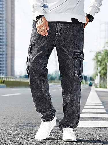 WDIRARA Men's Slim Fit Cargo Jeans Straight Leg Streetwear Denim Work Pants with Flap Pockets Dark Grey S - Image 4