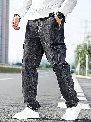 WDIRARA Men's Slim Fit Cargo Jeans Straight Leg Streetwear Denim Work Pants with Flap Pockets Dark Grey S - Image 3