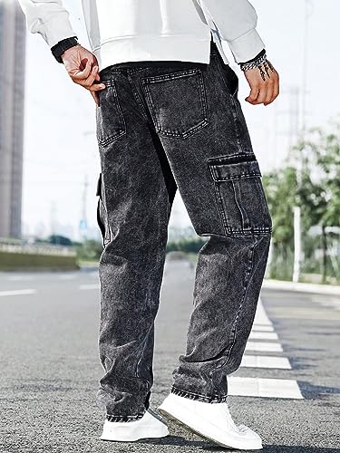WDIRARA Men's Slim Fit Cargo Jeans Straight Leg Streetwear Denim Work Pants with Flap Pockets Dark Grey S - Image 2