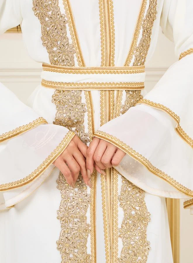 Styli Handwork Lace Embroidered Rhinestone Detail Kaftan with Layer Sleeves