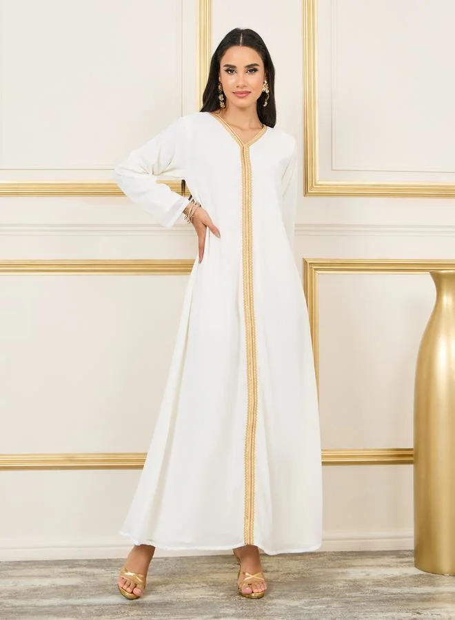 Styli Handwork Lace Embroidered Rhinestone Detail Kaftan with Layer Sleeves