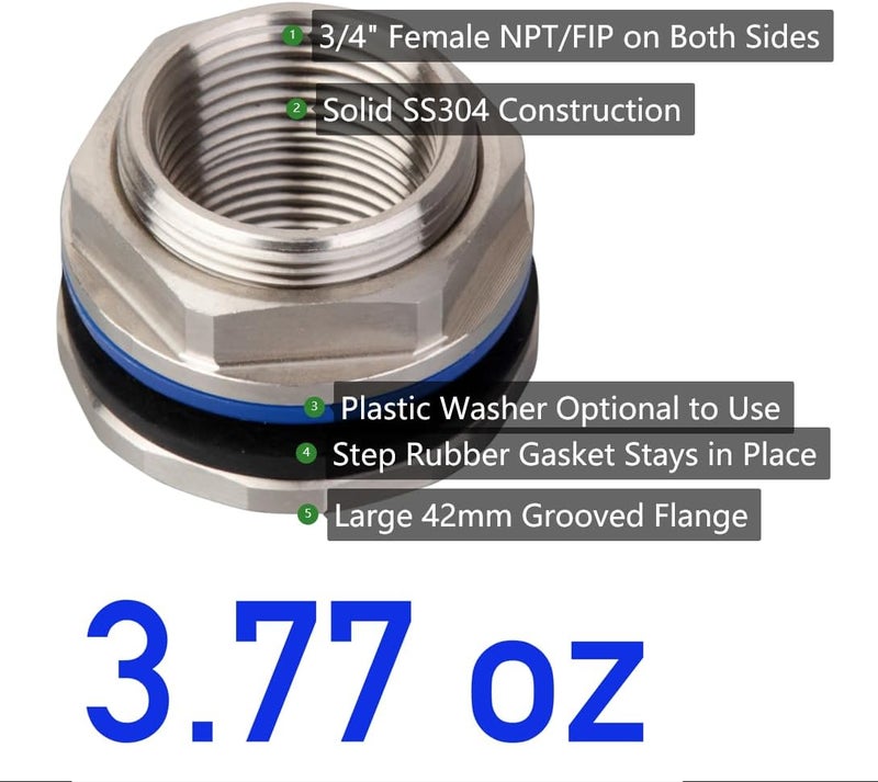 RAINPAL SSBF010 Stainless Steel Bulkhead Fitting (Female 3/4" NPT/FIP, Left Handed Nut, w/Step Gasket) (2 pack) - Image 2