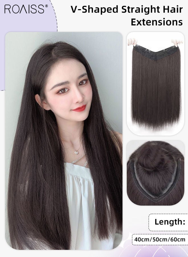 roaiss V-Shaped Brown Black Hair Extension, One Piece Straight Hair Extension with 4 Clips, Heat Resistant Synthetic Hairpiece for Women, 40cm/50cm/60cm  - Image 1