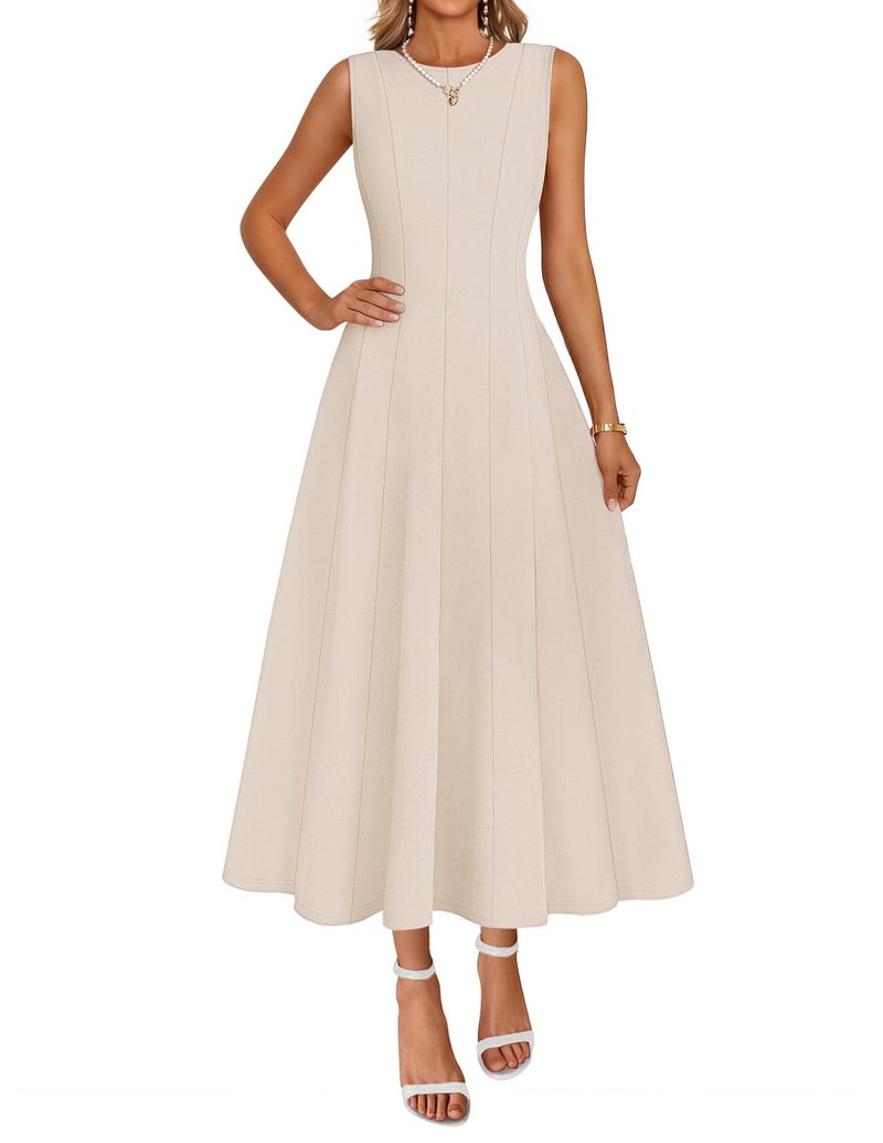 MEROKEETY Women's 2026 Summer Elegant Classy Midi Dress Sleeveless A Line Flowy Formal Cocktail Dresses, Apricot, Small - Image 1