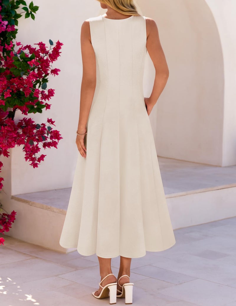 MEROKEETY Women's 2026 Summer Elegant Classy Midi Dress Sleeveless A Line Flowy Formal Cocktail Dresses, Apricot, Small - Image 5