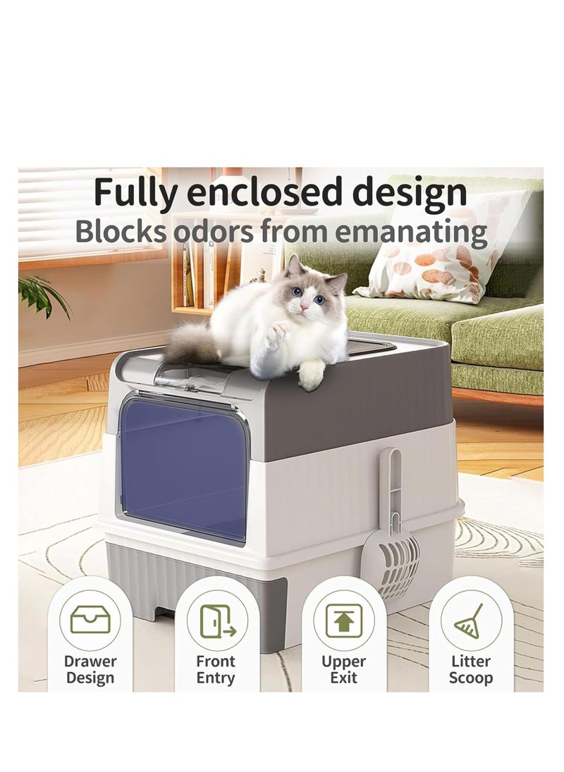 Cat Litter Box, Covered Litter Box with UV Light, Enclosed Cat Litter Boxes with Lid, Litter Scoop, Anti-Splashin Kitty Litter Box with Drawer, Front Entry Top Exit Cat Toilet for Cats… (Gray)