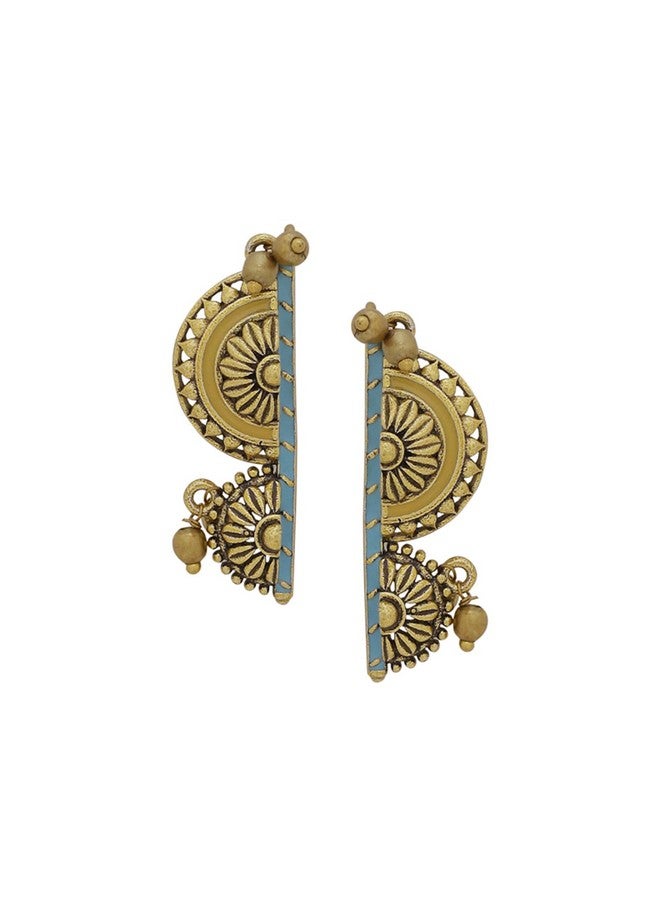 Voylla Oxidised Gold Plated Brass Half Circles Traditional Style Earrings for Women and Girls with Turquoise Blue Detailing - Image 1