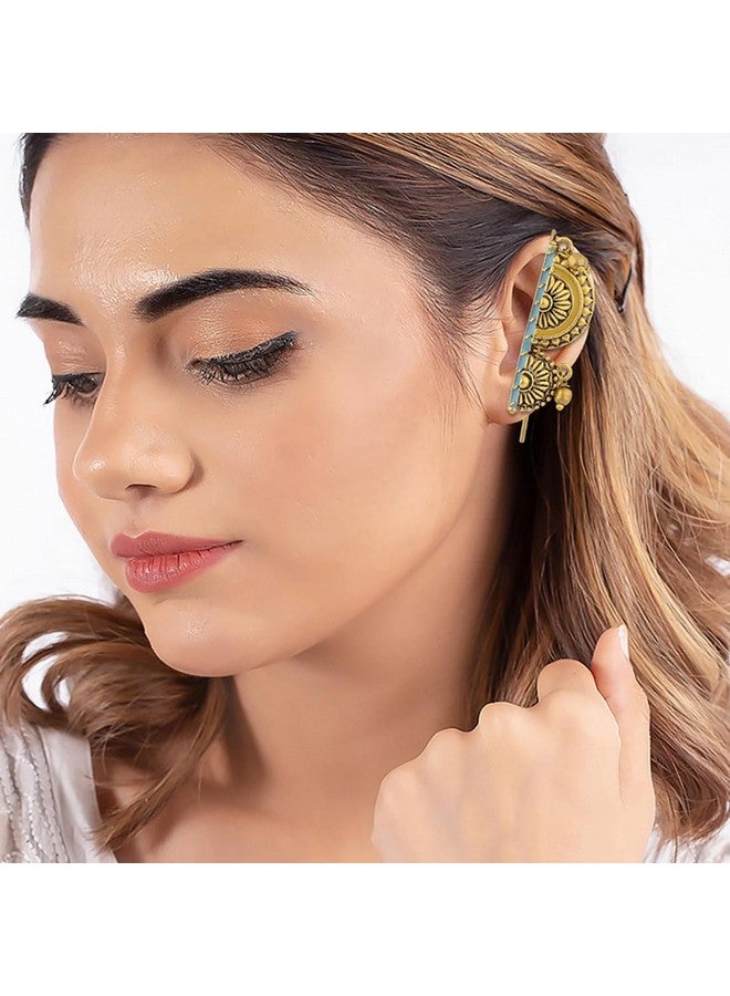 Voylla Oxidised Gold Plated Brass Half Circles Traditional Style Earrings for Women and Girls with Turquoise Blue Detailing - Image 3