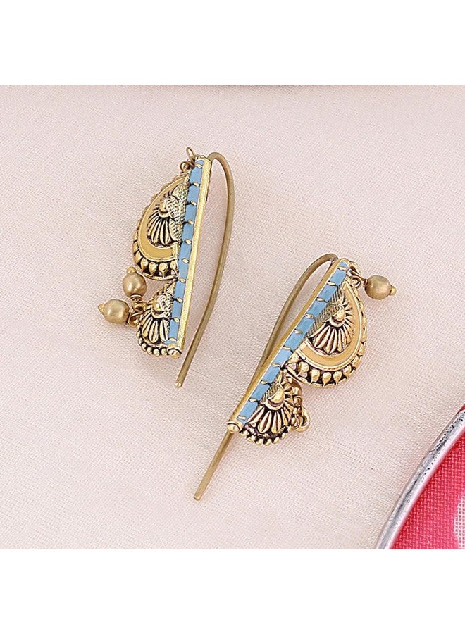 Voylla Oxidised Gold Plated Brass Half Circles Traditional Style Earrings for Women and Girls with Turquoise Blue Detailing - Image 2