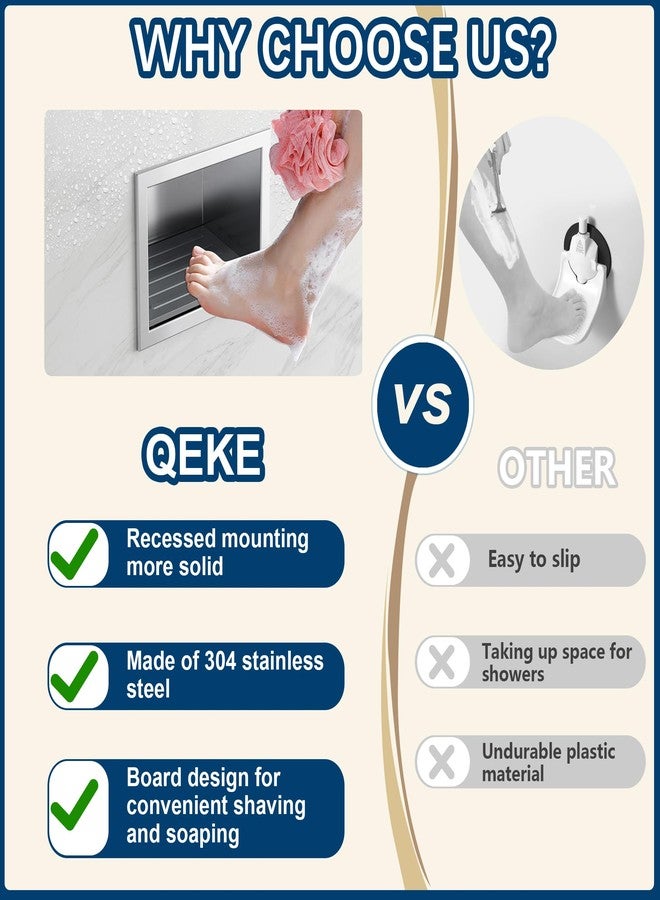 Qeke Shower Foot Rest for Shaving Legs, 304 Stainless Steel Footrest Niche with Shaving Holder, Recessed Shower Step for Shaving Legs, Brushed Nichel - Image 4