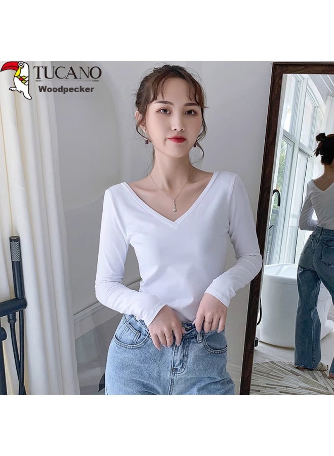 WOODPECKER Wood Black V-neck Base Layer Women's Inner Long-sleeve T-shirt, Spring And Autumn Low Collar Large Neck Tight-fitting Top, Black, M - Image 3