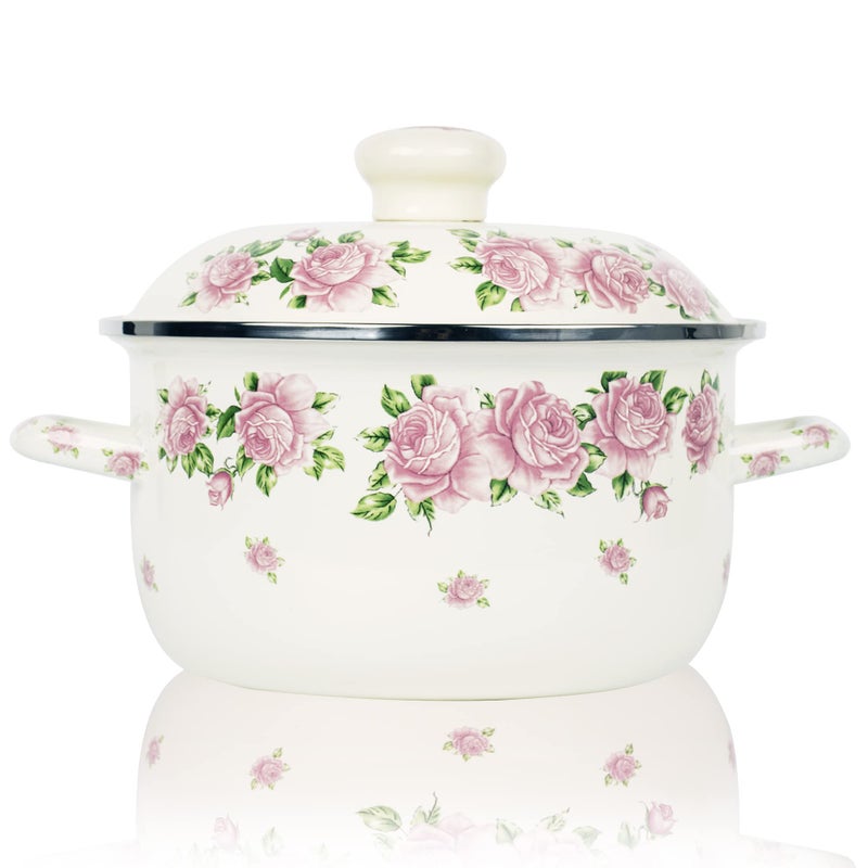 Retro Flower Enamel Stockpot with LidStockpots for Cooking Pink 3QT