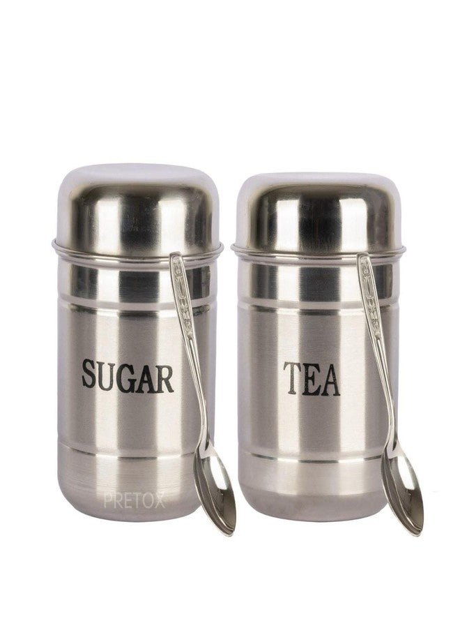 PRETOX Stainless Steel 2 Pcs 700Ml Tea Sugar Container Set (With Free 2 Spoon, Silver) - Image 1