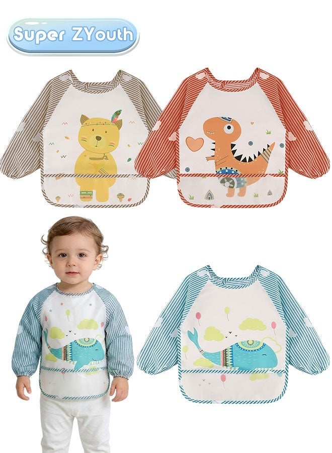 Super ZYouth 3 Pack Baby Long Sleeve Bibs, Waterproof Toddler Feeding Smock for 1-3 Years with Catch-All Pocket, Full Coverage Apron for Eating, Painting, Outdoor Play, Beach & Camping - Image 1