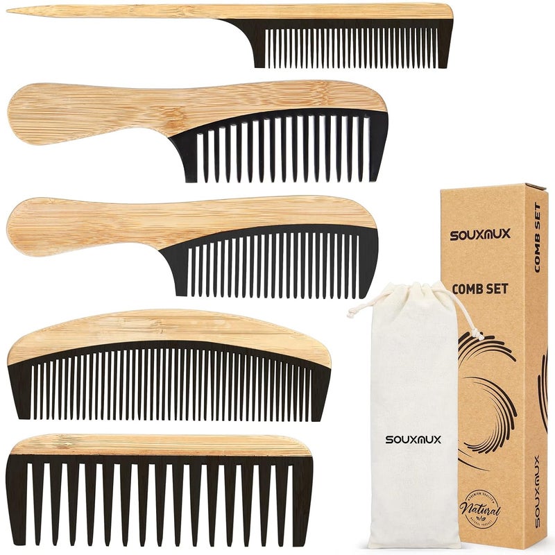 5 Pcs Handmade Bamboo AntiStatic Comb Set for Women and Men  Wide Tooth Rat Tail and Fine Tooth Combs for Long Short Thick Thin Wavy and Curly Hair Detangling Natural  Black