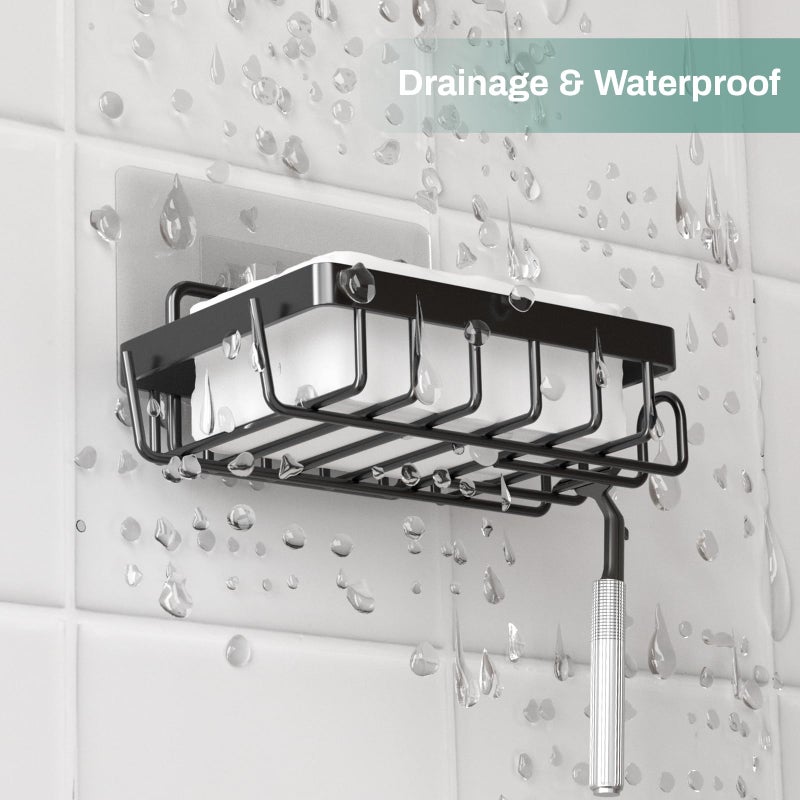 Oasiteege Adhesive Soap Bar Holder for Shower Wall, Self Draining Soap Dish Container Caddy Saver with 2 Hooks for Razor Loofah, Shampoo Sponge Tray Case Box for Bathroom Kitchen Sink, Black - Image 3