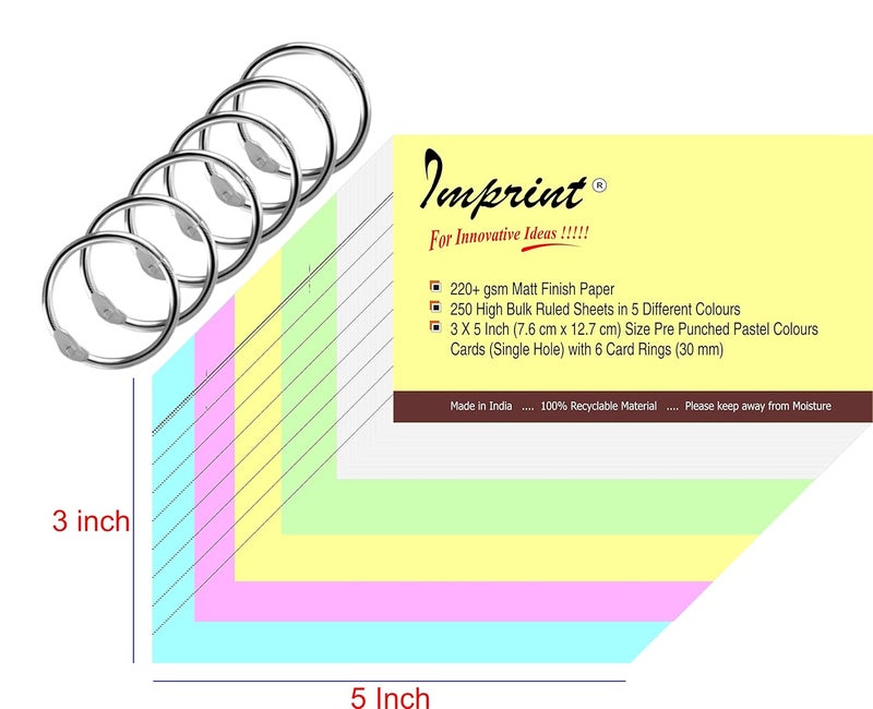 Imprint 250 Ruled Index Cards in 5 Pastel Colours (Each Colour 50 Sheets) Pre Punched - 1 Hole with 6 Card Rongs - Size 30 mm - Image 5