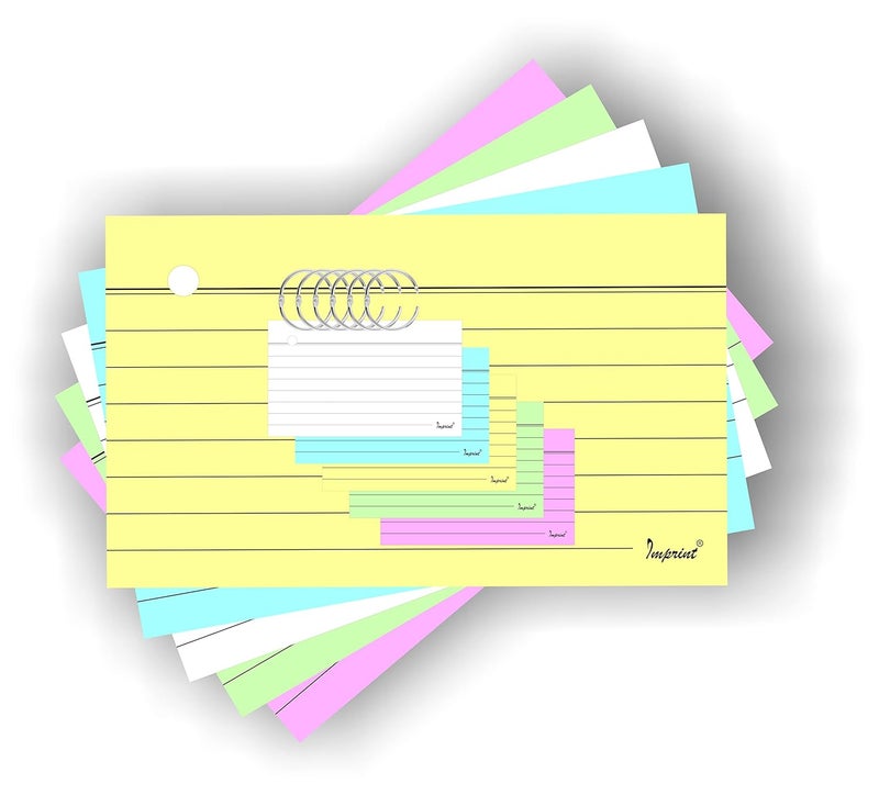 Imprint 250 Ruled Index Cards in 5 Pastel Colours (Each Colour 50 Sheets) Pre Punched - 1 Hole with 6 Card Rongs - Size 30 mm - Image 3