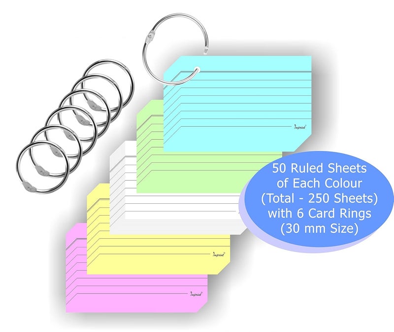 Imprint 250 Ruled Index Cards in 5 Pastel Colours (Each Colour 50 Sheets) Pre Punched - 1 Hole with 6 Card Rongs - Size 30 mm - Image 4