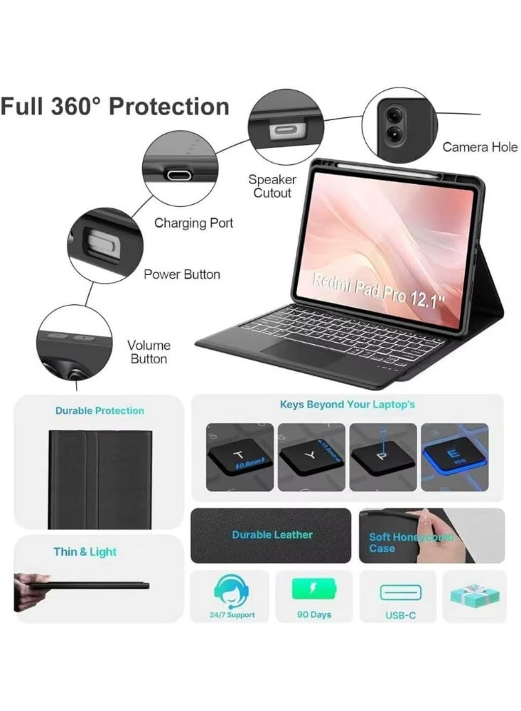 Muzz Touch Case with Keyboard Designed for Redmi Pad 2 Pro | Redmi Pad Pro | Poco Pad 12.1", Arabic and English - Multi-Touch Trackpad -Detachable Wireless-Pen Holder Tablet Keyboard Case - Image 5