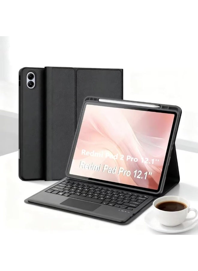 Muzz Touch Case with Keyboard Designed for Redmi Pad 2 Pro | Redmi Pad Pro | Poco Pad 12.1", Arabic and English - Multi-Touch Trackpad -Detachable Wireless-Pen Holder Tablet Keyboard Case - Image 1