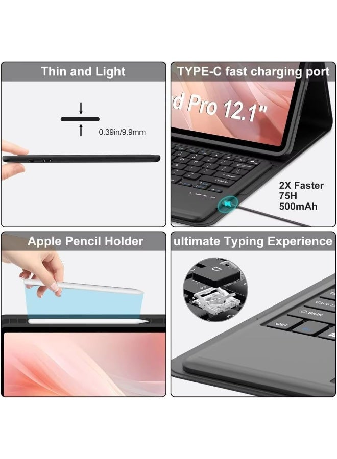Muzz Touch Case with Keyboard Designed for Redmi Pad 2 Pro | Redmi Pad Pro | Poco Pad 12.1", Arabic and English - Multi-Touch Trackpad -Detachable Wireless-Pen Holder Tablet Keyboard Case - Image 2