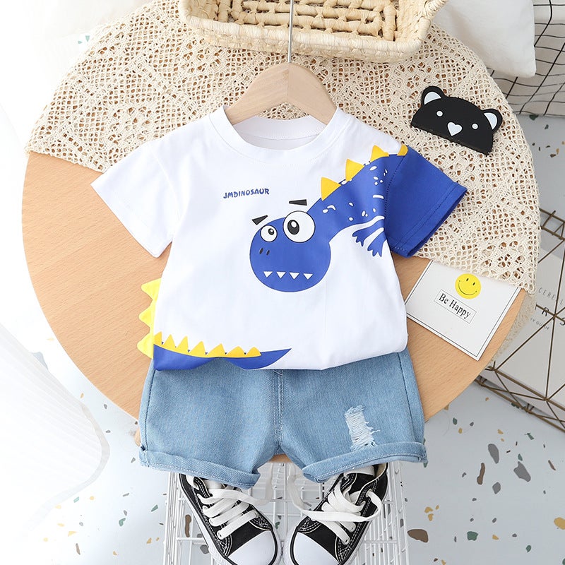 Korean Style New Summer Childrens Wear Big Dinosaur Mens and Womens Short-sleeved Two-piece Summer Wear Foreign Trade Set for 0-5 Years Old White  - Image 1