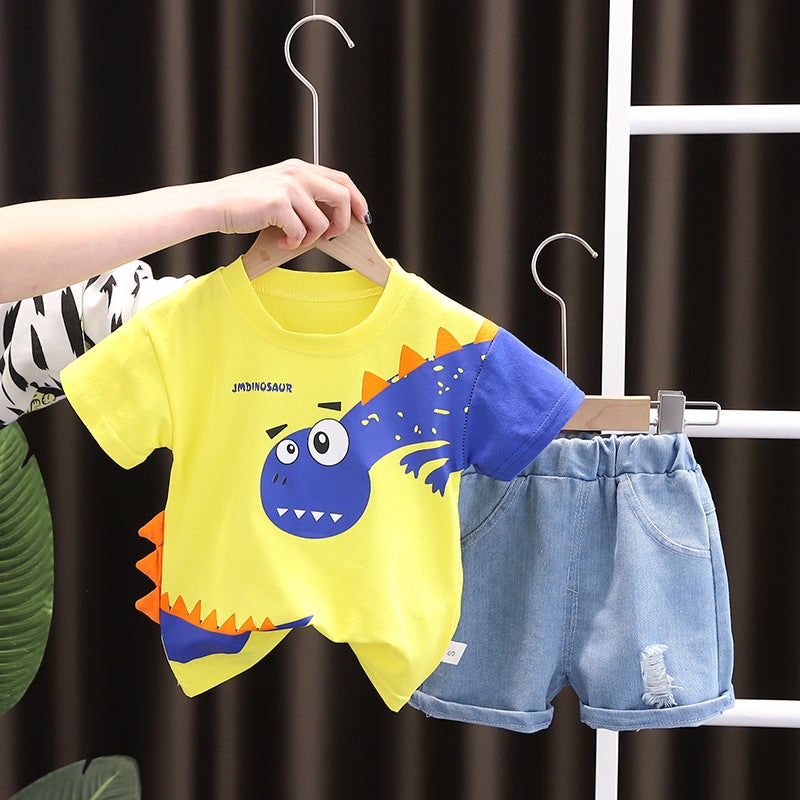 Korean Style New Summer Childrens Wear Big Dinosaur Mens and Womens Short-sleeved Two-piece Summer Wear Foreign Trade Set for 0-5 Years Old White  - Image 4