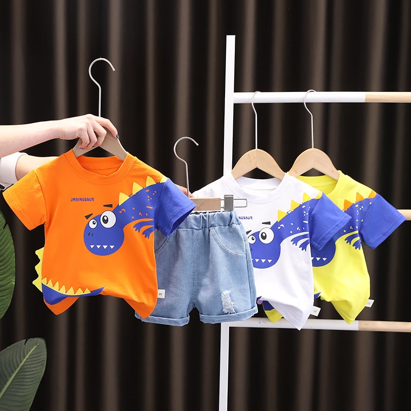 Korean Style New Summer Childrens Wear Big Dinosaur Mens and Womens Short-sleeved Two-piece Summer Wear Foreign Trade Set for 0-5 Years Old White  - Image 2