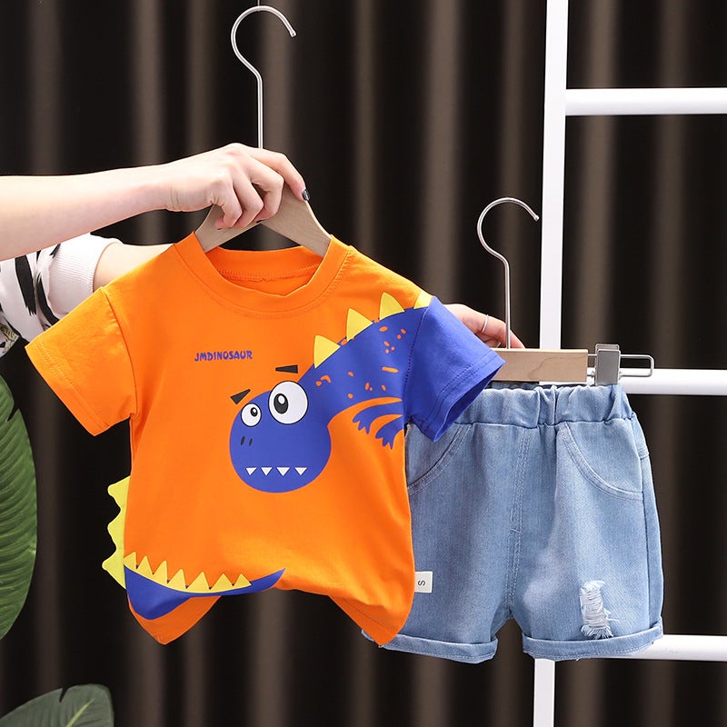 Korean Style New Summer Childrens Wear Big Dinosaur Mens and Womens Short-sleeved Two-piece Summer Wear Foreign Trade Set for 0-5 Years Old White  - Image 5