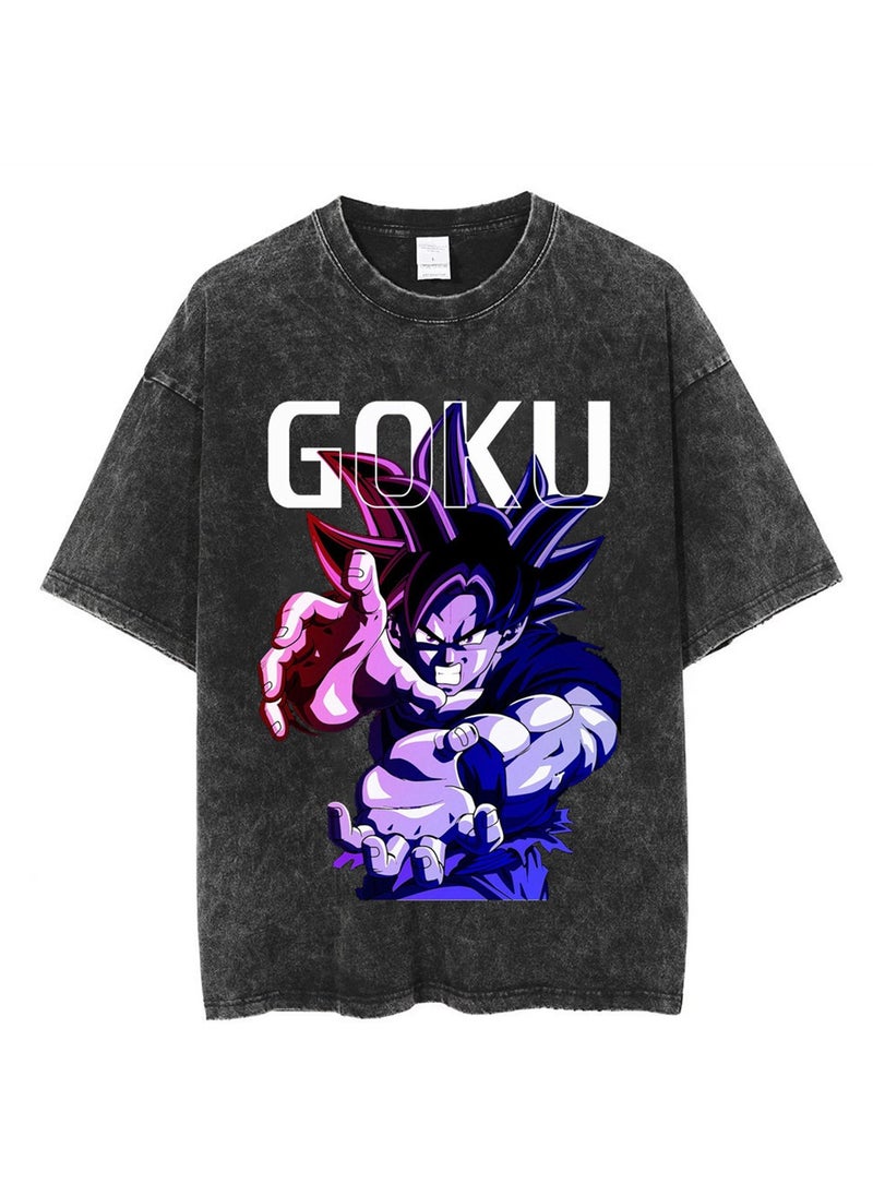 Generic - Washed Retro T-shirt Street Hip Hop Anime Dragon Ball Cartoon Print Casual Cotton Summer Short Sleeve - Image 1