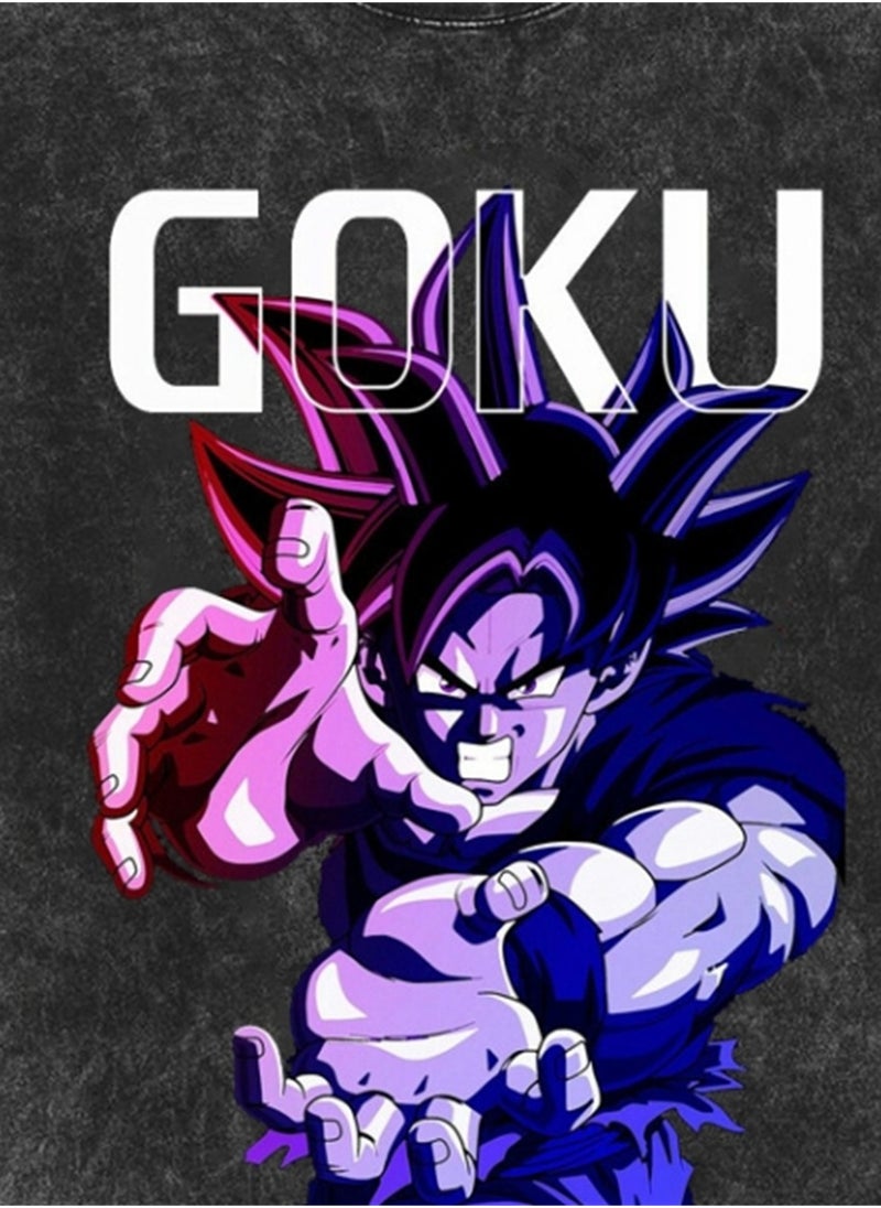 Generic - Washed Retro T-shirt Street Hip Hop Anime Dragon Ball Cartoon Print Casual Cotton Summer Short Sleeve - Image 1