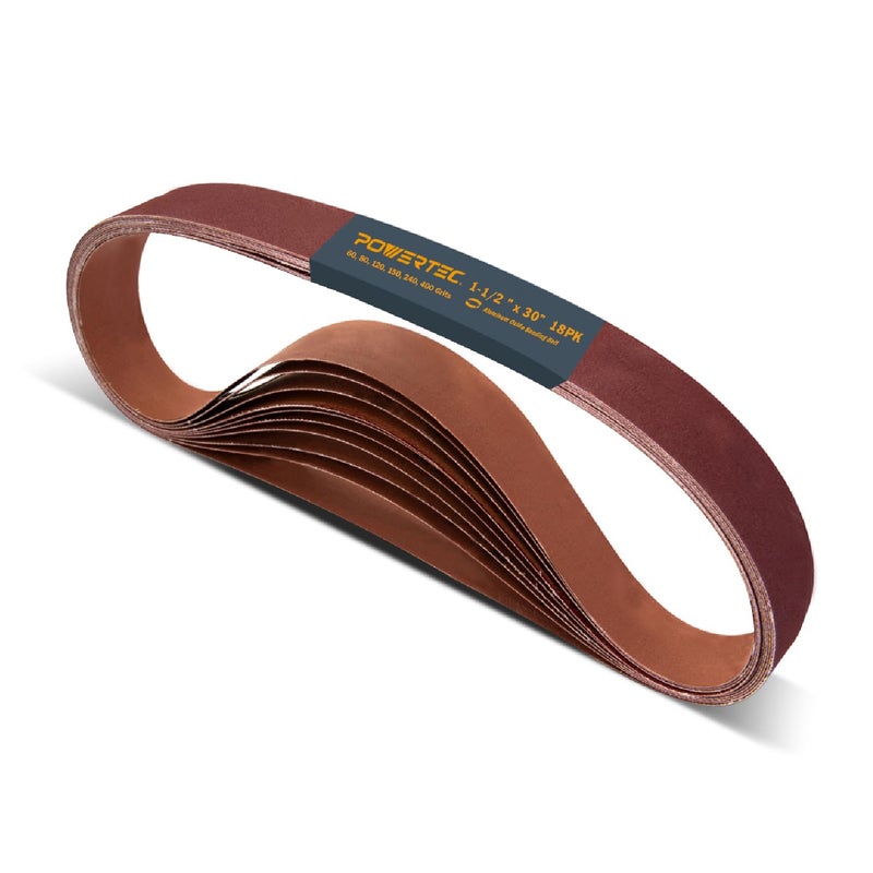 POWERTEC 18PK 112 x 30 Inch Sanding Belts 3 Each of 60 80 120 150 240 400 Grits Aluminum Oxide Belt Sander Paper Assortment for Pipe Tube Polisher Sander Woodworking 111380