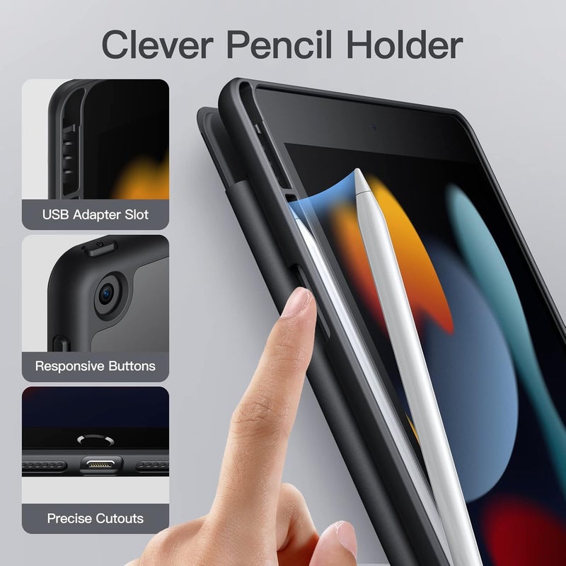 جي تيك حافظة غير لامعة لجهاز آيباد 9/8/7 مقاس 10.2 بوصة، موديل 2021/2020/2019، الجيل التاسع/الثامن/السابع مع حامل قلم، غطاء واقٍ رفيع بظهر شفاف غير لامع، لون أسود - Image 5