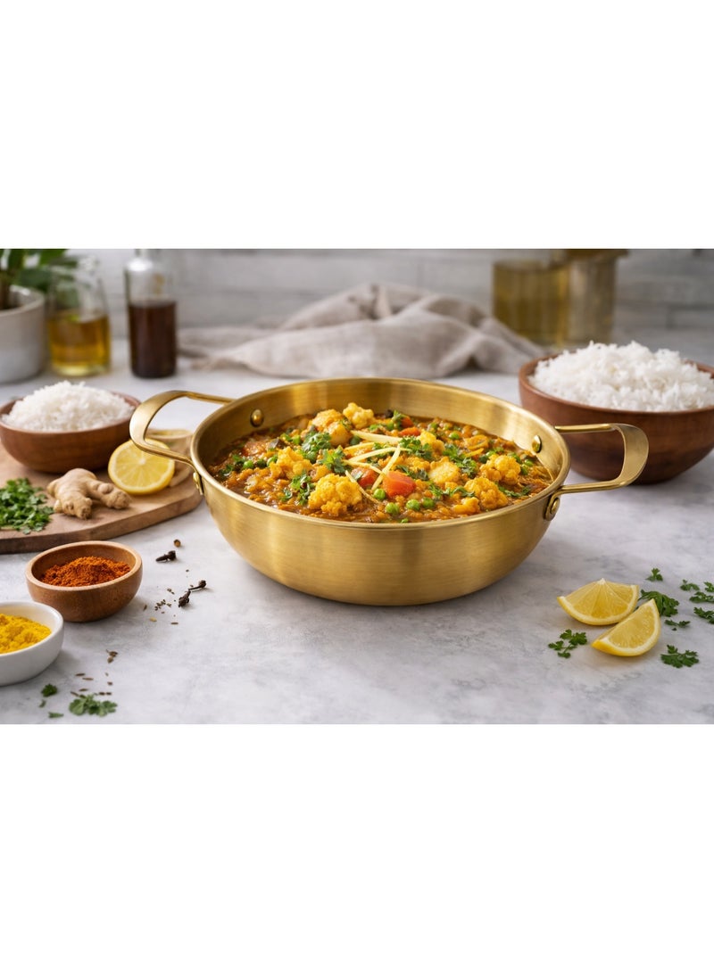 Premium Deep Metal Food Serving Bowl / Cooking Kadai Wok with Double Handles - Gold - Image 1