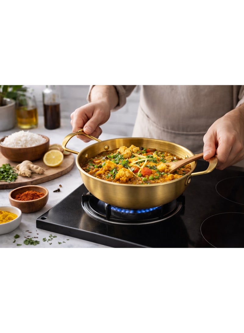 Premium Deep Metal Food Serving Bowl / Cooking Kadai Wok with Double Handles - Gold - Image 2