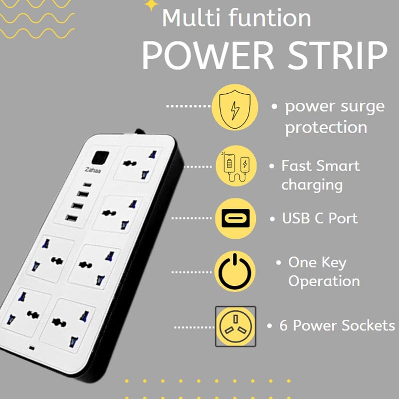 Zahaa 5m Universal Extension Cord with 6 Power Socket and 3 USB Slots, 6 Way Power Strip with USB type C PD Charging slot, Extension Lead 5 meter - White (6S+3U-1PD+5M) - Image 4