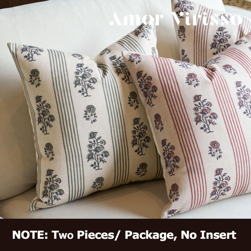 Amor Virisso Floral Throw Pillow Covers 18x18 Set of 2 Block Print Pillow Covers Neutral Floral Striped Farmhouse Decorative Pillow Covers for Sofa Couch Bed, Red - Image 4