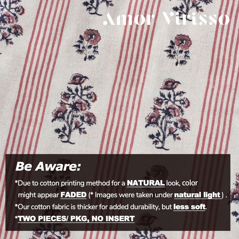Amor Virisso Floral Throw Pillow Covers 18x18 Set of 2 Block Print Pillow Covers Neutral Floral Striped Farmhouse Decorative Pillow Covers for Sofa Couch Bed, Red - Image 3