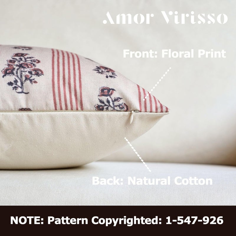 Amor Virisso Floral Throw Pillow Covers 18x18 Set of 2 Block Print Pillow Covers Neutral Floral Striped Farmhouse Decorative Pillow Covers for Sofa Couch Bed, Red - Image 2