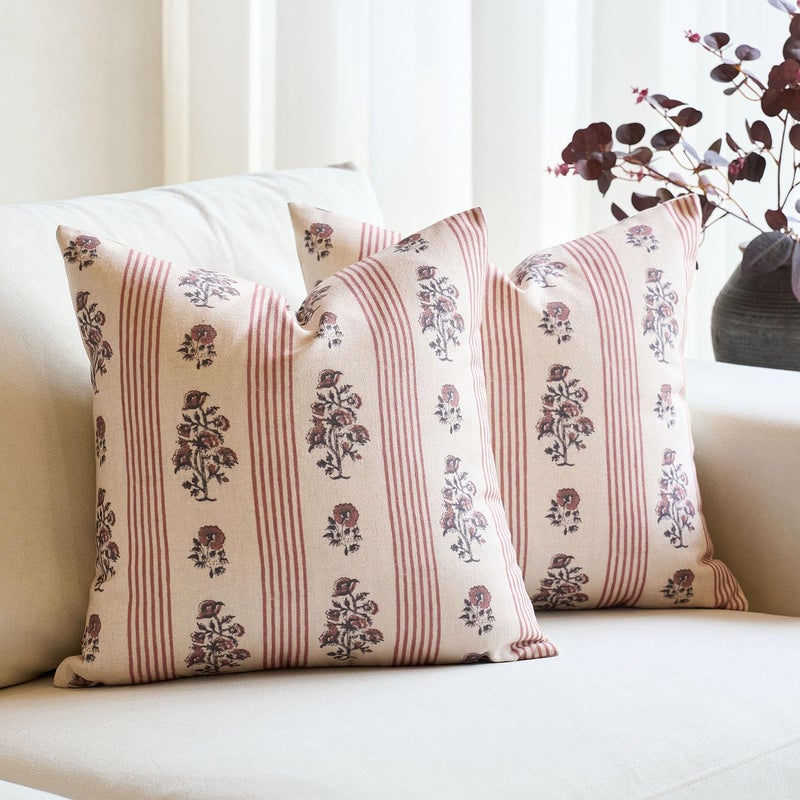 Amor Virisso Floral Throw Pillow Covers 18x18 Set of 2 Block Print Pillow Covers Neutral Floral Striped Farmhouse Decorative Pillow Covers for Sofa Couch Bed, Red - Image 1