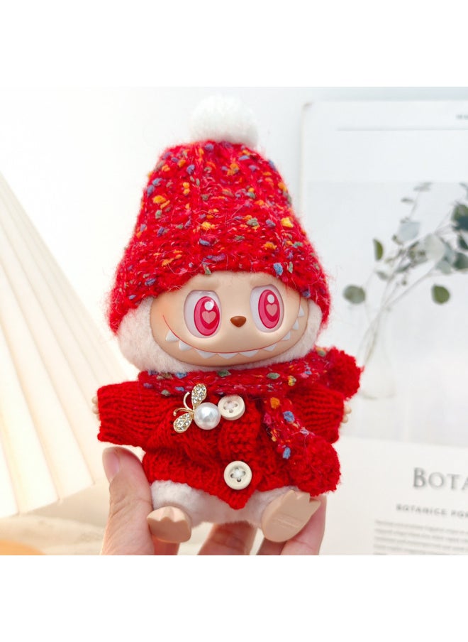 Generation II Labubu Clothes Labubu Sitting Party Doll Clothes Pendant Year Red Sweater Scarf Hat-Specifications:The First And Second Generation Labubu Baby Clothes Clothes [no Doll]-Color:[comprehensive Set] Red Sweater Pearl Brooch + Scarf + Hat  - Image 1