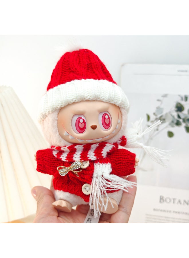 Generation II Labubu Clothes Labubu Sitting Party Doll Clothes Pendant Year Red Sweater Scarf Hat-Specifications:The First And Second Generation Labubu Baby Clothes Clothes [no Doll]-Color:[comprehensive Set] Red Sweater Pearl Brooch + Scarf + Hat  - Image 2