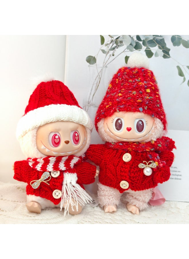 Generation II Labubu Clothes Labubu Sitting Party Doll Clothes Pendant Year Red Sweater Scarf Hat-Specifications:The First And Second Generation Labubu Baby Clothes Clothes [no Doll]-Color:[comprehensive Set] Red Sweater Pearl Brooch + Scarf + Hat  - Image 3